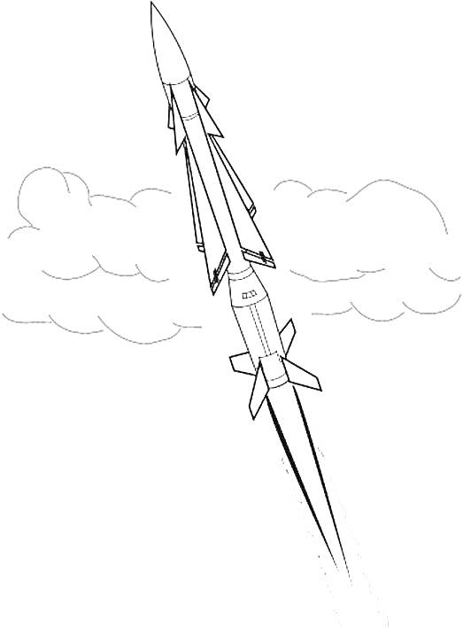 На раскраске изображено: Ракета, Облака, Небо, Старт, Полет, Аэродинамика, Двигатели