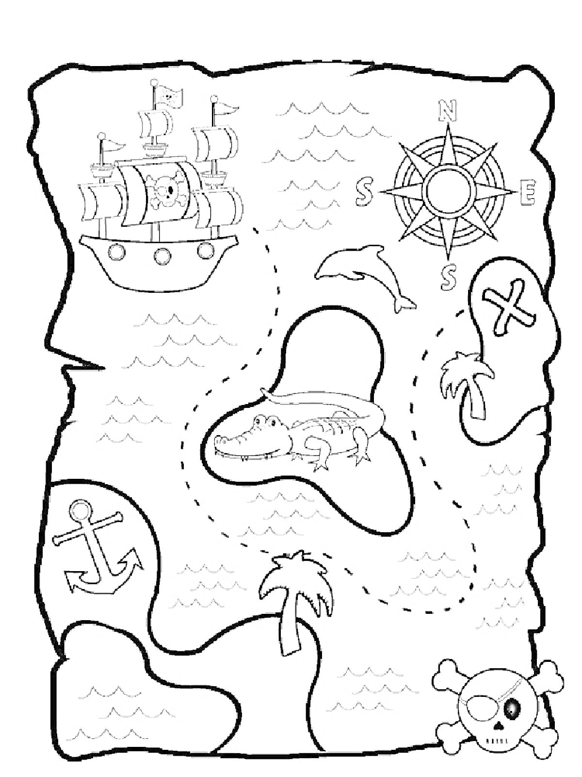 Раскраска Карта сокровищ с кораблем, компасом, дельфином, островом с аллигатором, крестом, черепом и костями, якорем, пальмами и волнами