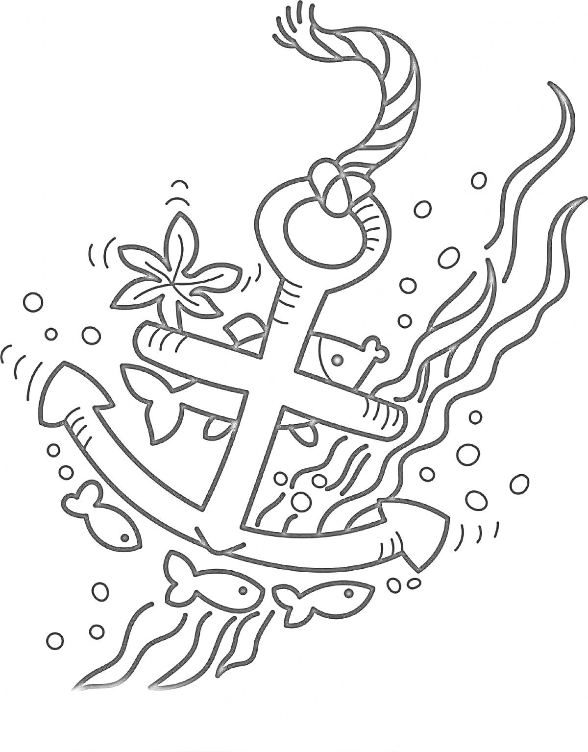 На раскраске изображено: Якорь, Веревка, Морская звезда, Водоросли, Пузыри, Морская тема, Подводный мир, Рыба