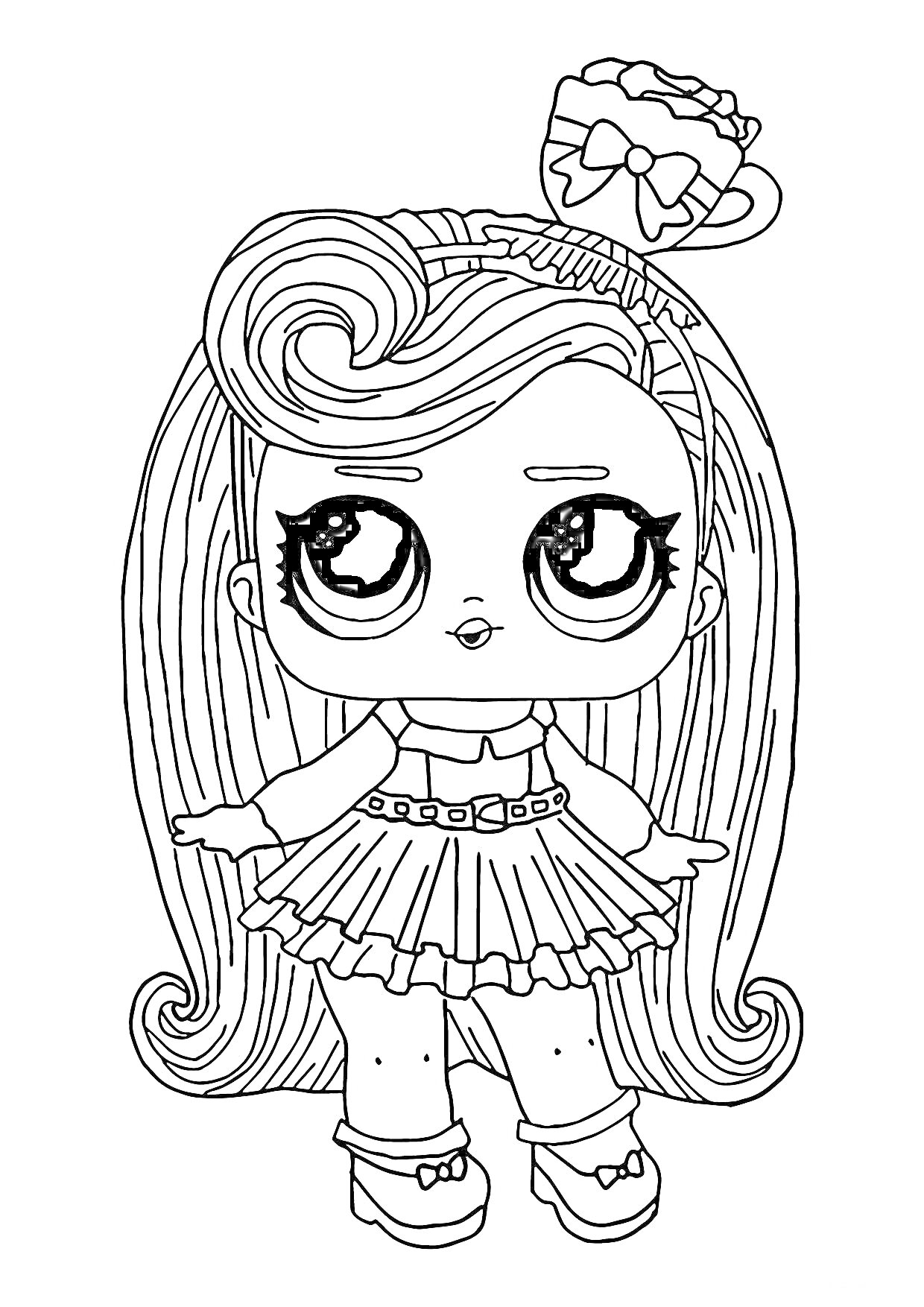 Раскраска Кукла ЛОЛ с длинными волосами, в юбочке и на высоких босоножках, с бантом на голове.