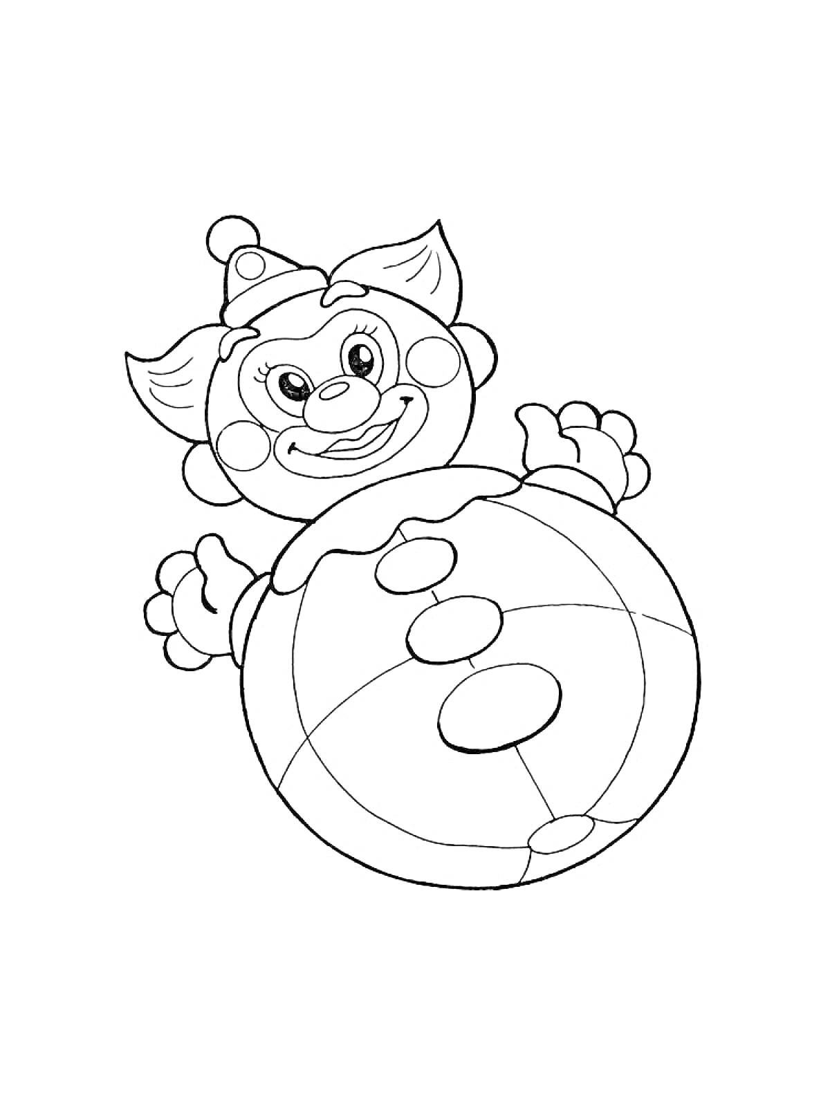 Раскраска Неваляшка с улыбкой и шапочкой, с большими ушами и лапками, сидящая на круглом основании с узорами