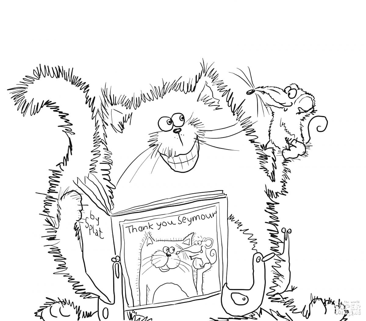 На раскраске изображено: Кот, Книга, Мышка, Басик, Юмор, Мультяшные персонажи, Животное
