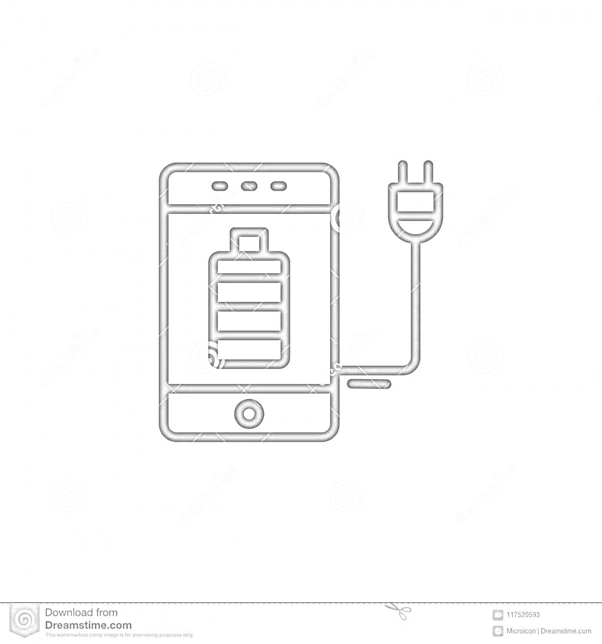 Раскраска Телефон с изображением батареи и подключенный к зарядному устройству