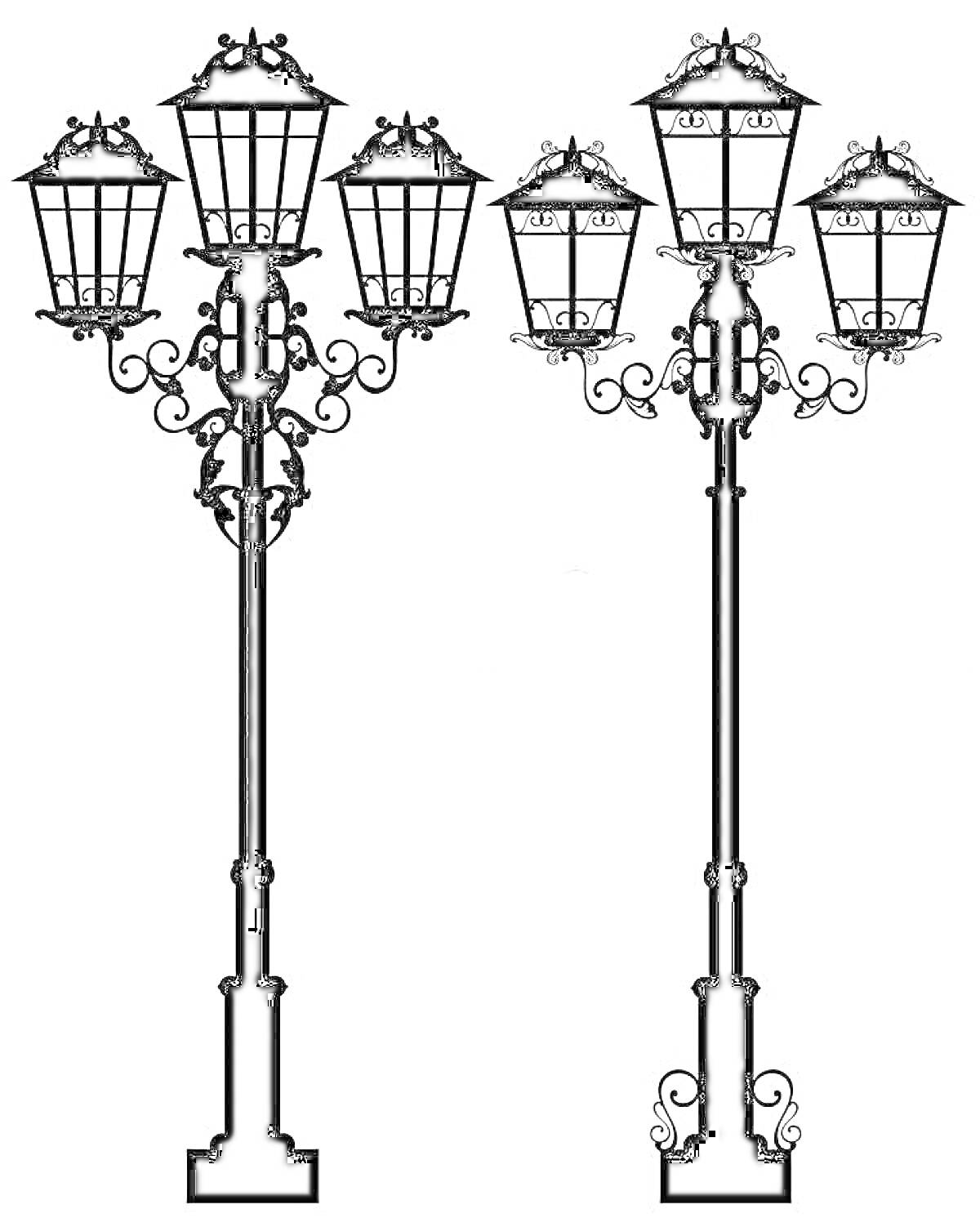 Раскраска Два уличных фонаря с тремя лампами каждый, украшенные декоративными элементами