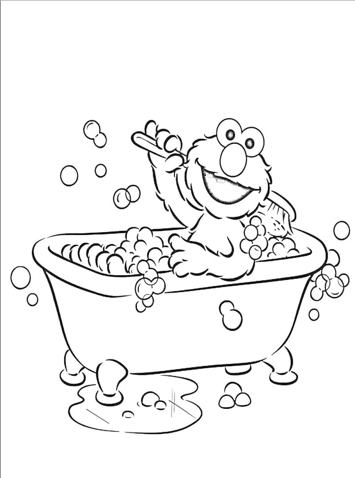 На раскраске изображено: Ванна, Персонаж, Для детей, Мыльные пузыри, Щетка, Купание, Вода