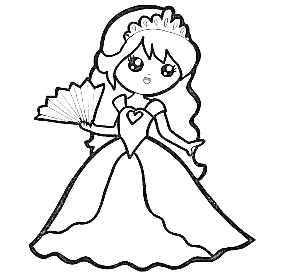 Раскраска Принцесса с веером в короне и платье с сердцем