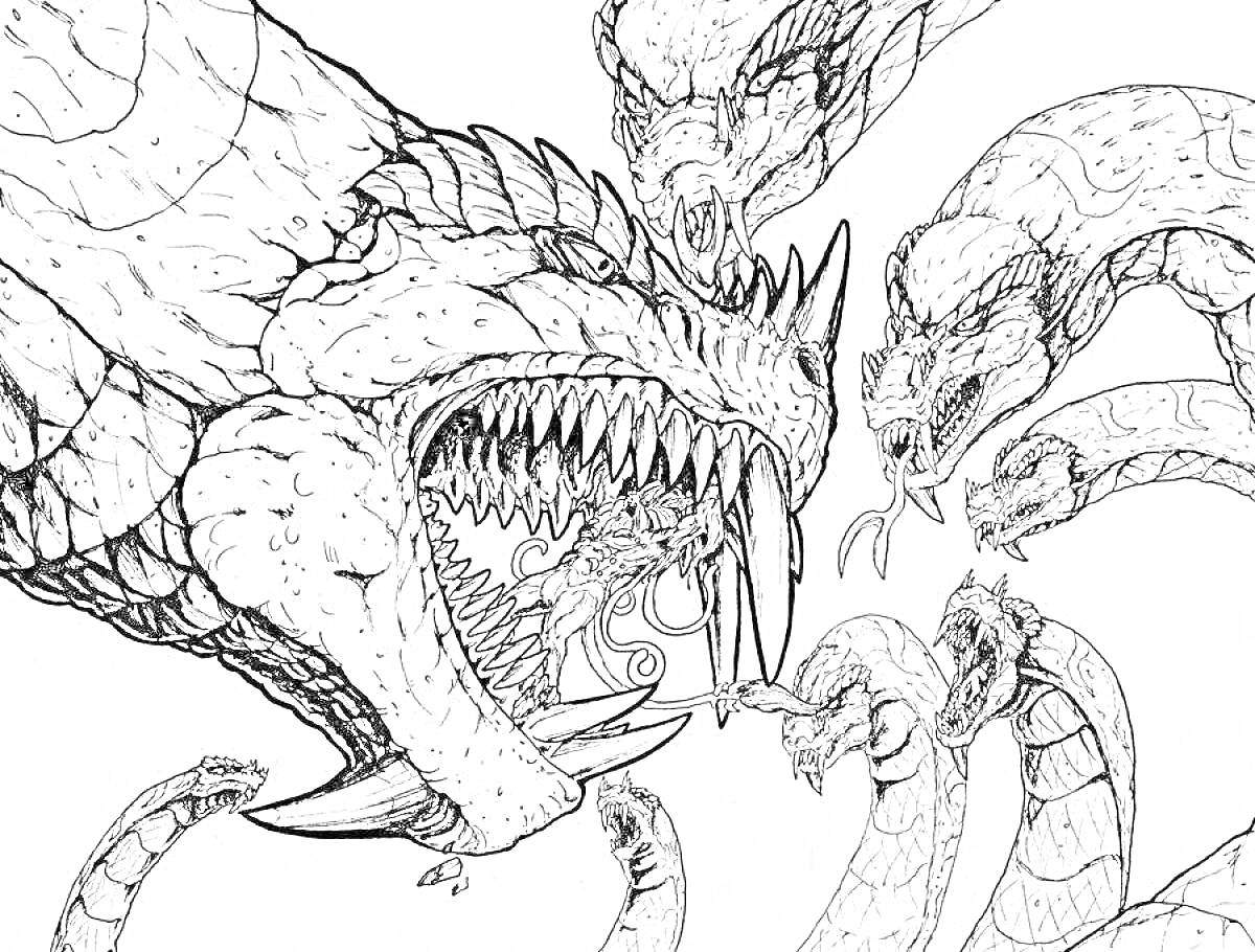 Раскраска Многоголовый кайдзю в окружении змей и драконов