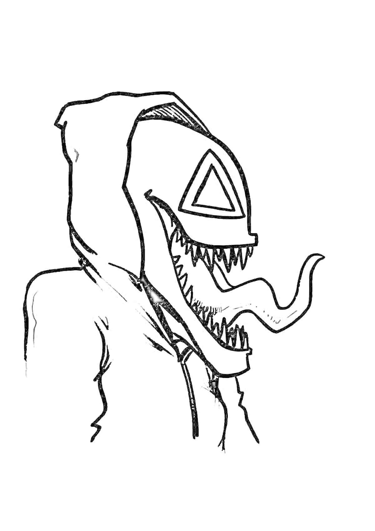 Раскраска Существо в куртке с капюшоном и острыми зубами, высунутый язык, треугольные глаза и рот