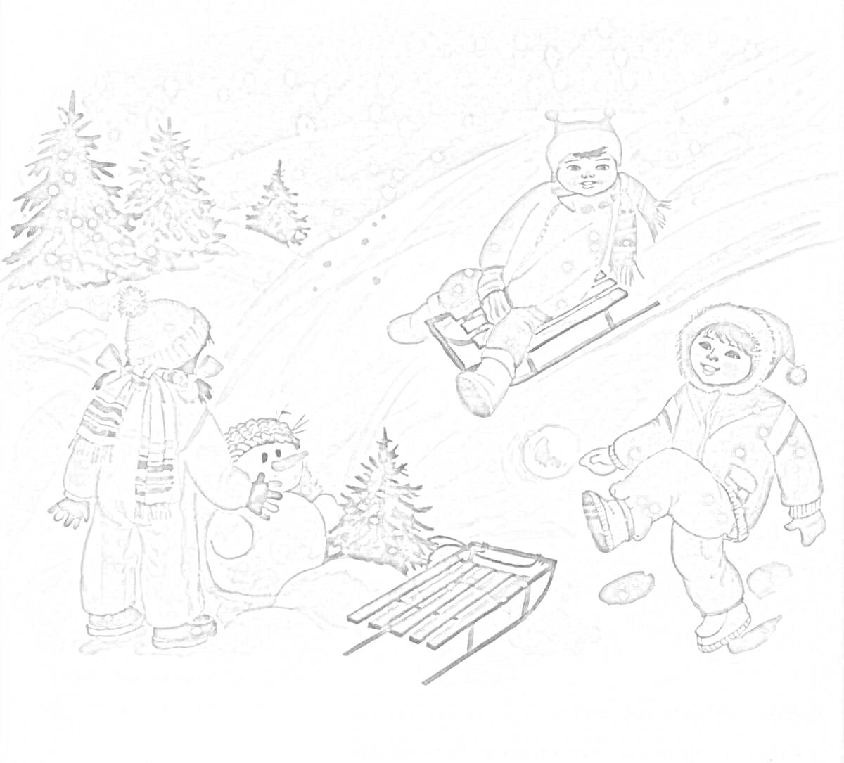 Раскраска Дети зимой, снеговик, санки, еловые деревья, снежки, снег