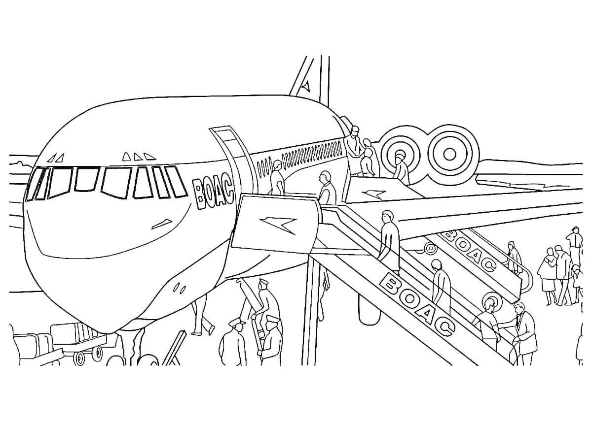 Раскраска Пассажирский самолет с посадочными трапами и пассажирами