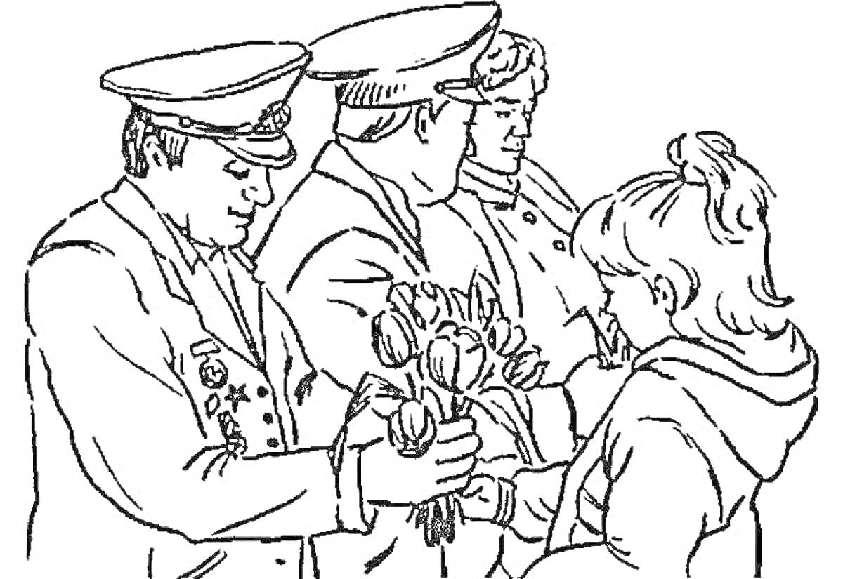 На раскраске изображено: Солдат, Ребенок, Цветы, Военные, Встреча
