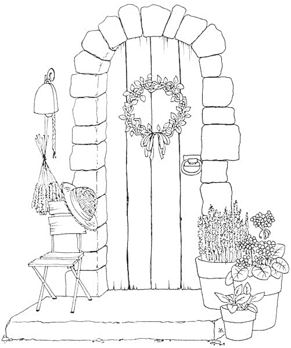 Раскраска Дверь в каменной арке с венком, горшками с цветами, веником и шляпой
