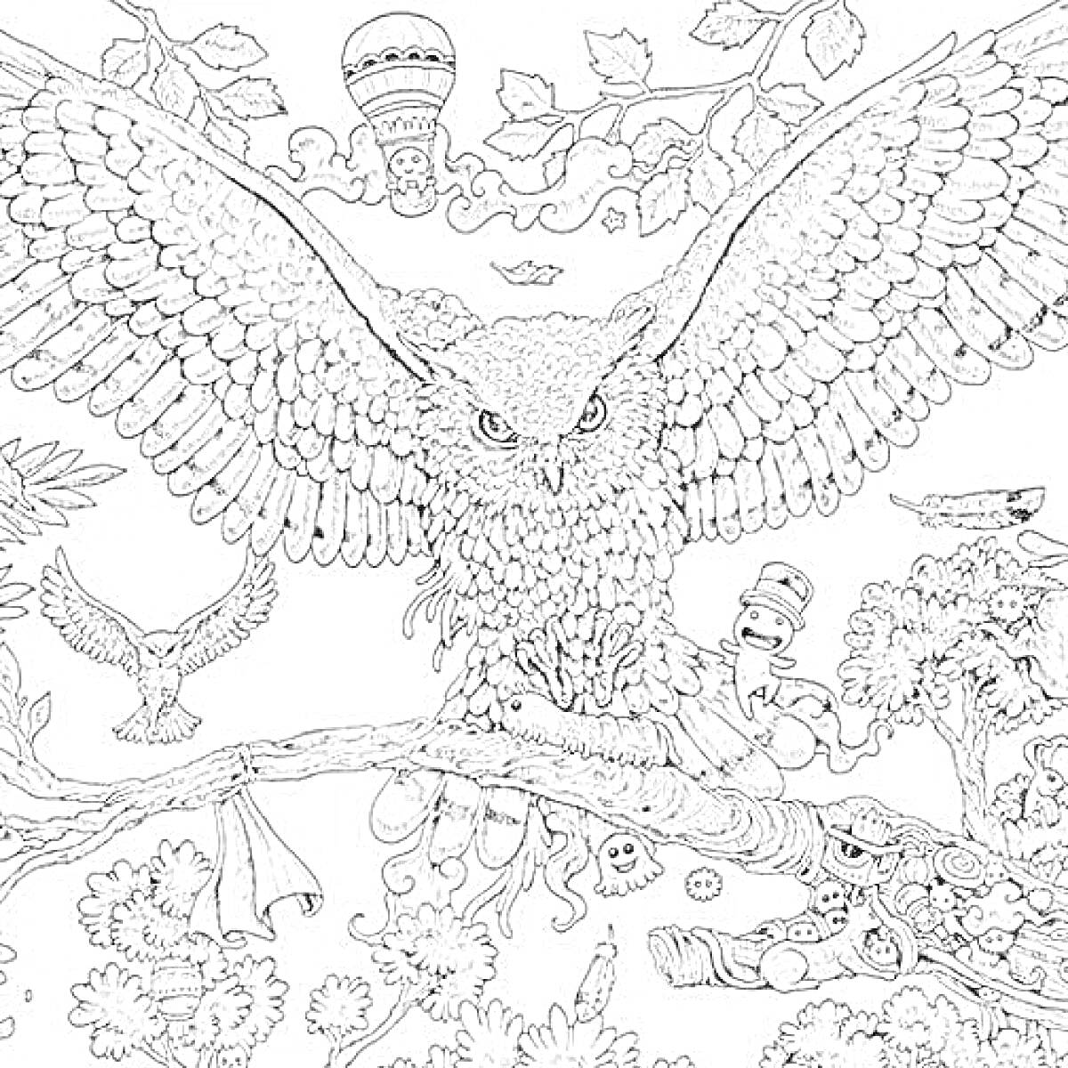 Раскраска Сова с распростертыми крыльями, сова на заднем плане, воздушный шар, рука, галстук, голова с цилиндром, дуплистое дерево, перо, листья, ветви