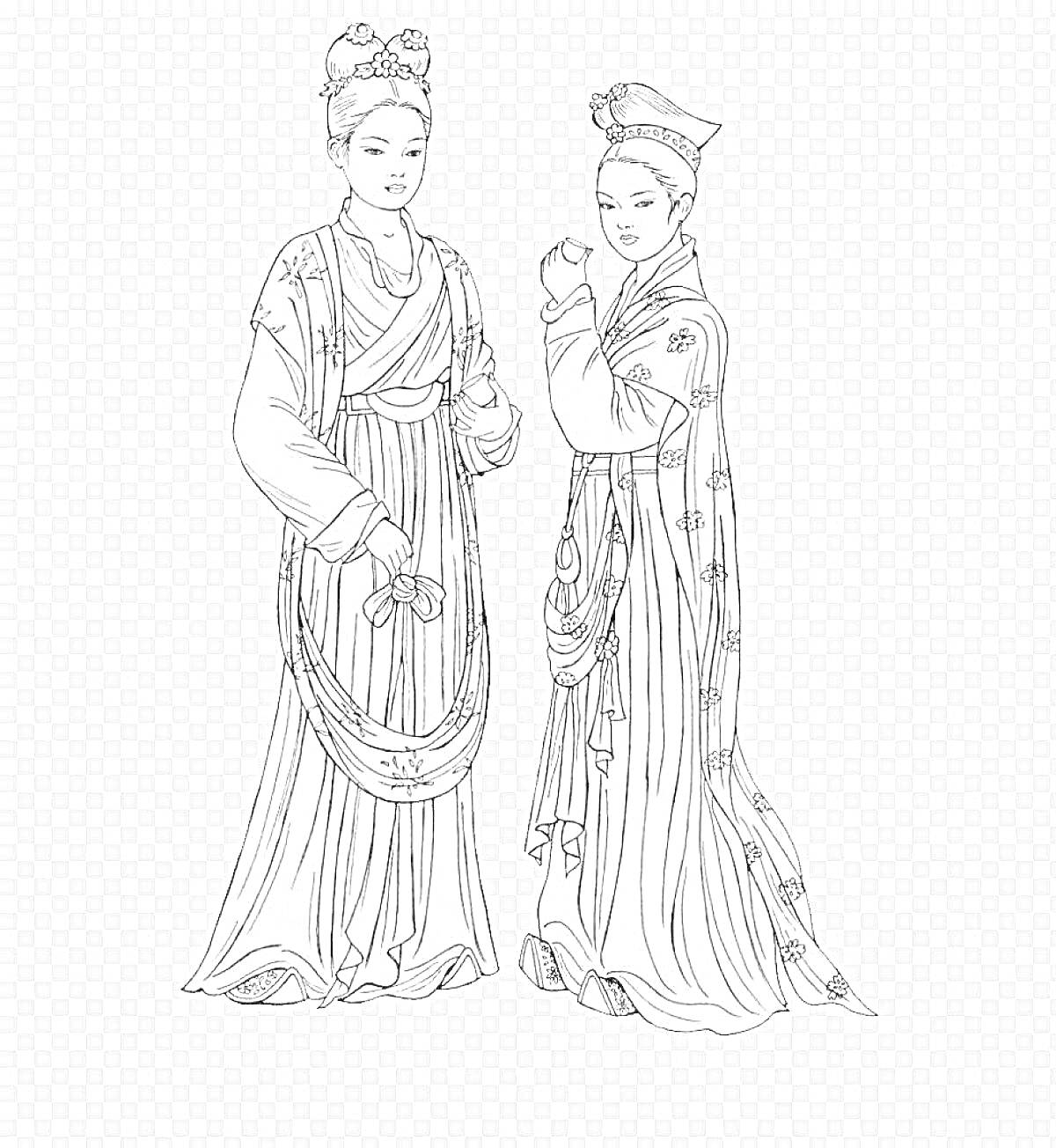 На раскраске изображено: Традиционная одежда, Женщина, Халат, Пояс, Заколка, Кисточки, Головная повязка