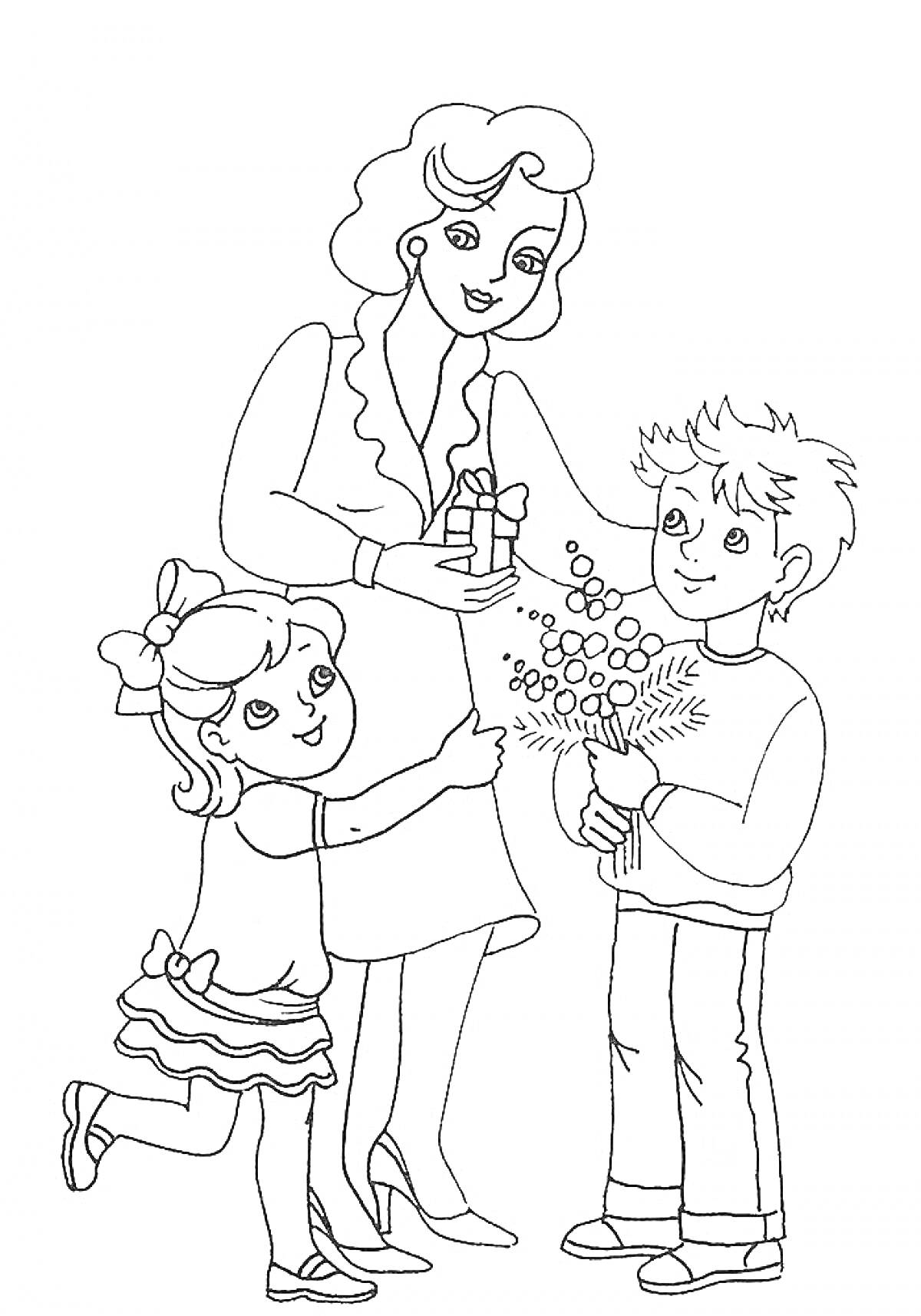 Раскраска Мама с двумя детьми, подарок и цветы