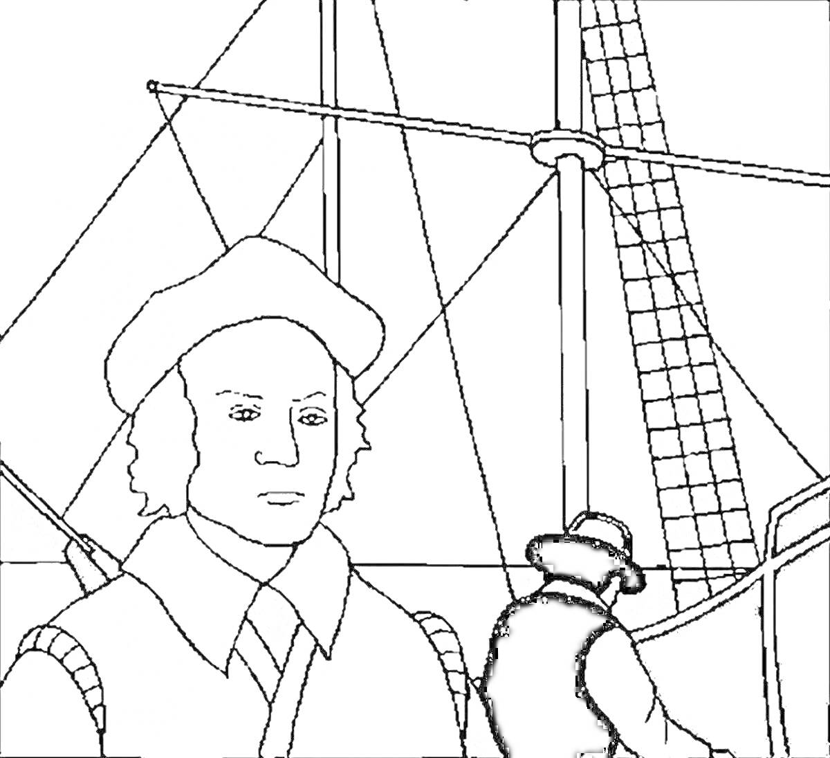 На раскраске изображено: Корабль, Исследователь, Море, Мореплавание, Исторический персонаж, Капитан