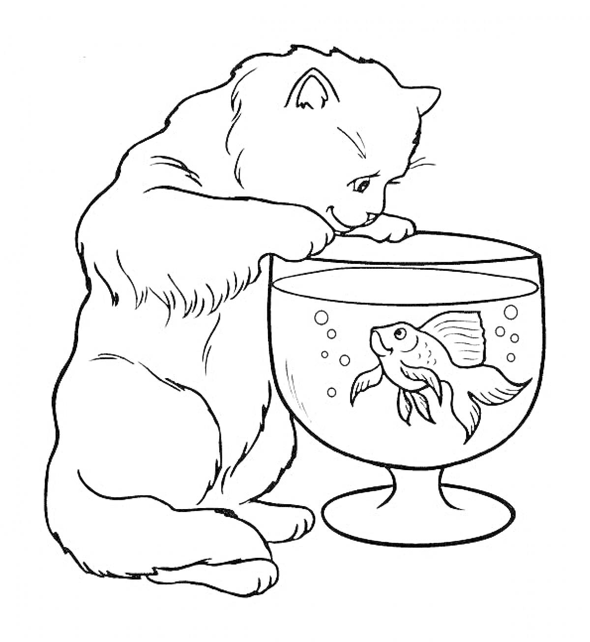 Раскраска Кошка смотрит на золотую рыбку в аквариуме