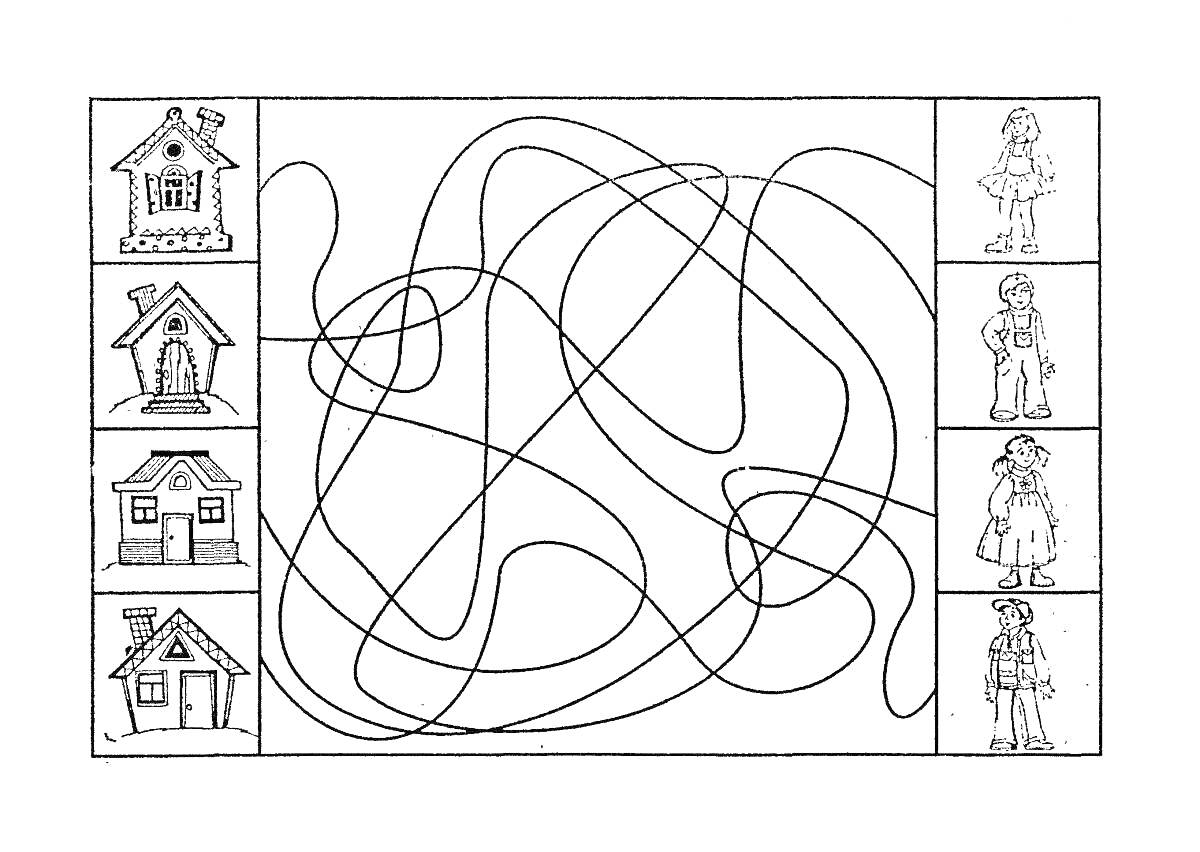 Раскраска Лабиринт с домиками и людьми