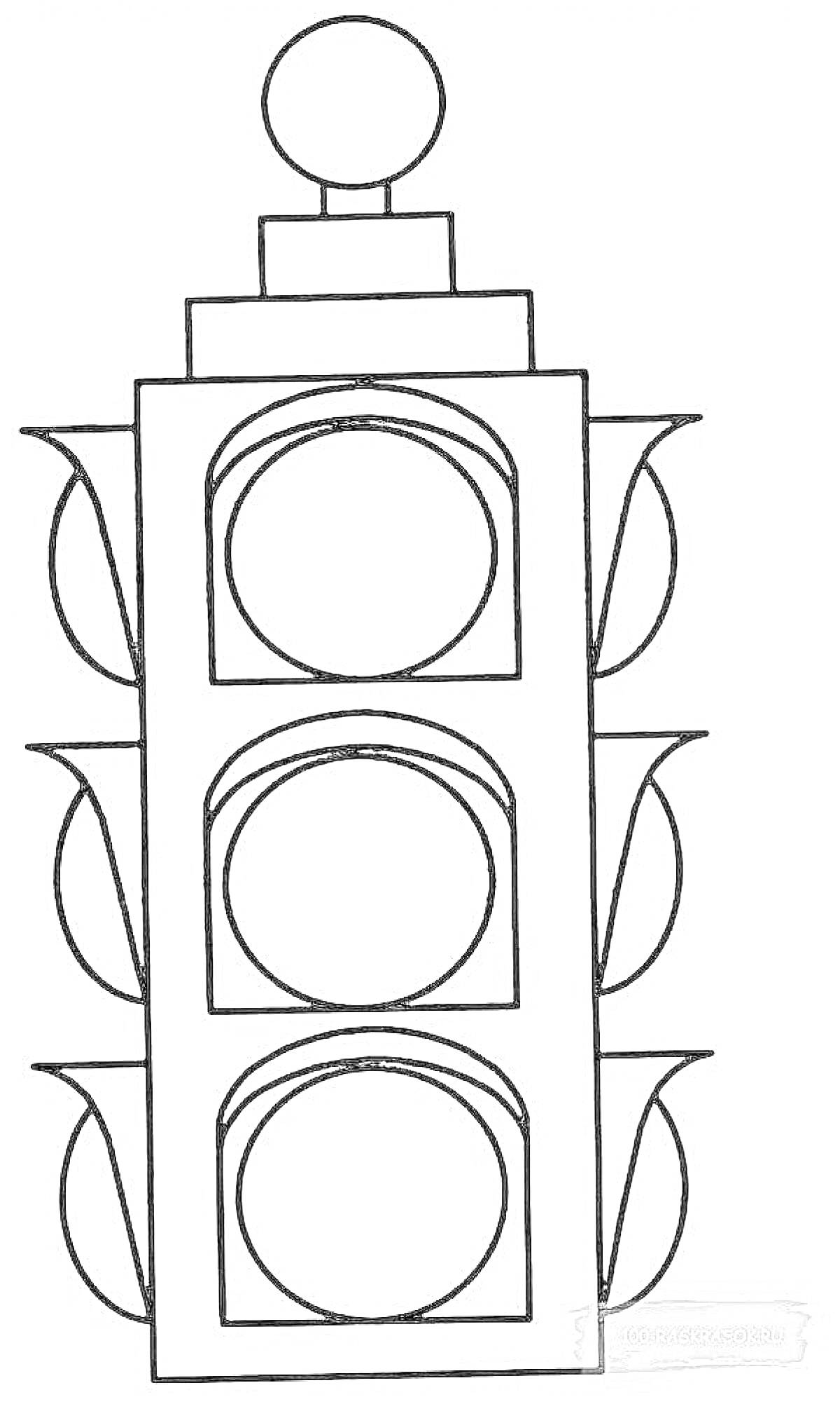 Раскраска Светофор с тремя секциями и дополнительными сигналами по бокам