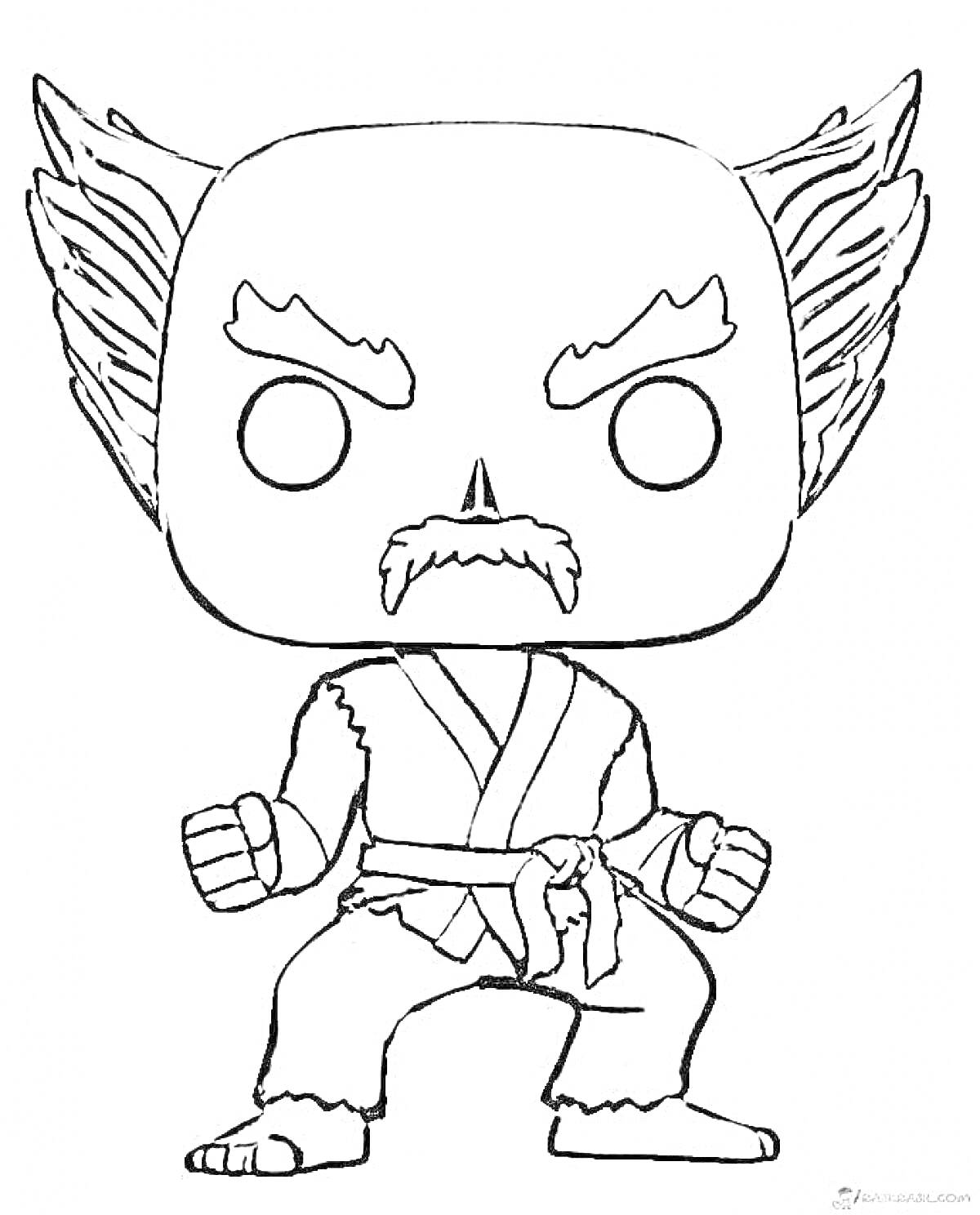Раскраска Funko Pop воина с усами и бородой, в боевой стойке, с характерной прической и в кимоно.