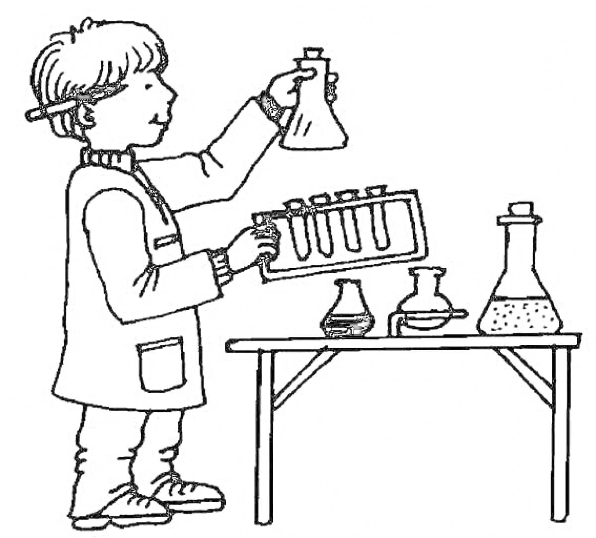 Раскраска Ребёнок в лабораторном халате с пробирками, колбой, мензуркой и конической колбой на столе