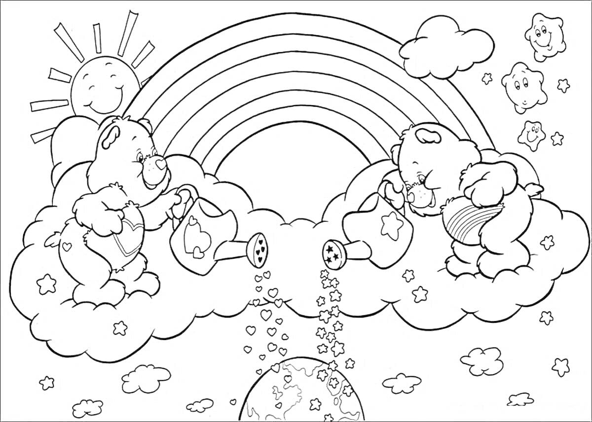 Раскраска Медвежата на облаках с лейками поливают землю под радугой и улыбающимся солнцем