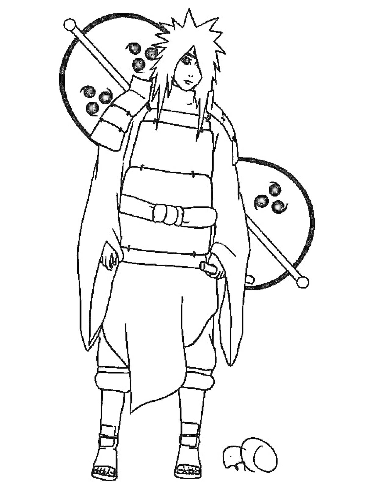 Раскраска Героическое изображение персонажа Наруто с большими веерами и лягушкой в детальной одежде