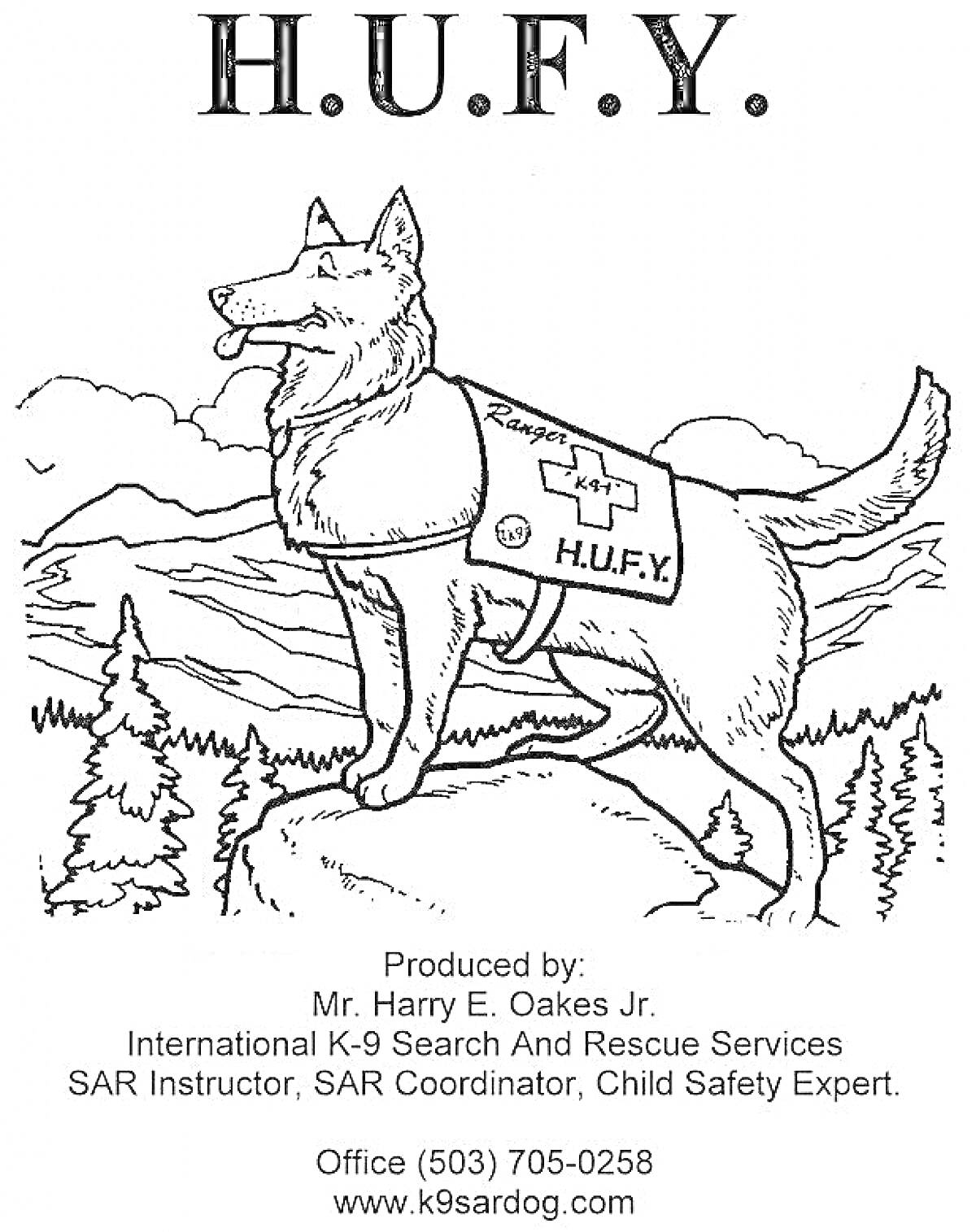 На раскраске изображено: Горы, Природа, Жилет, Деревья, Безопасность детей, Собака