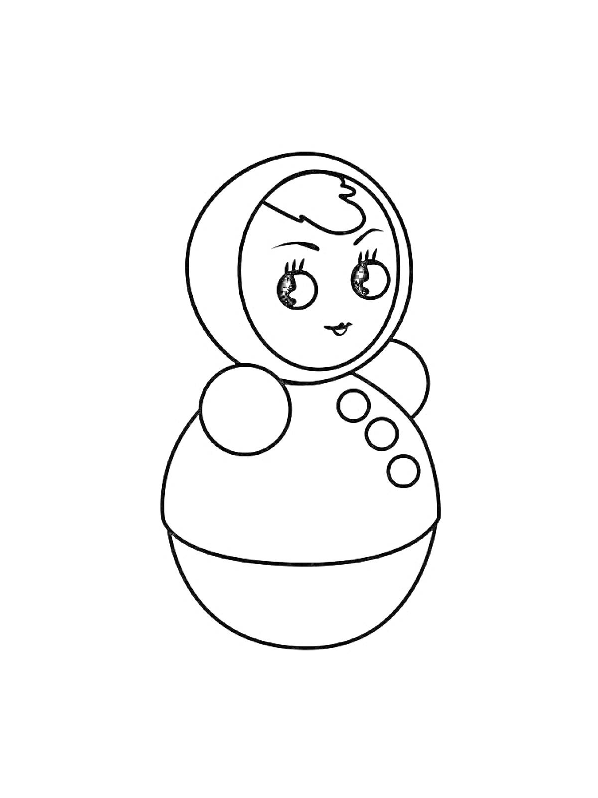 Раскраска Неваляшка с глазами, носом, ртом, шариком на голове, двумя боковыми шариками и тремя пуговицами