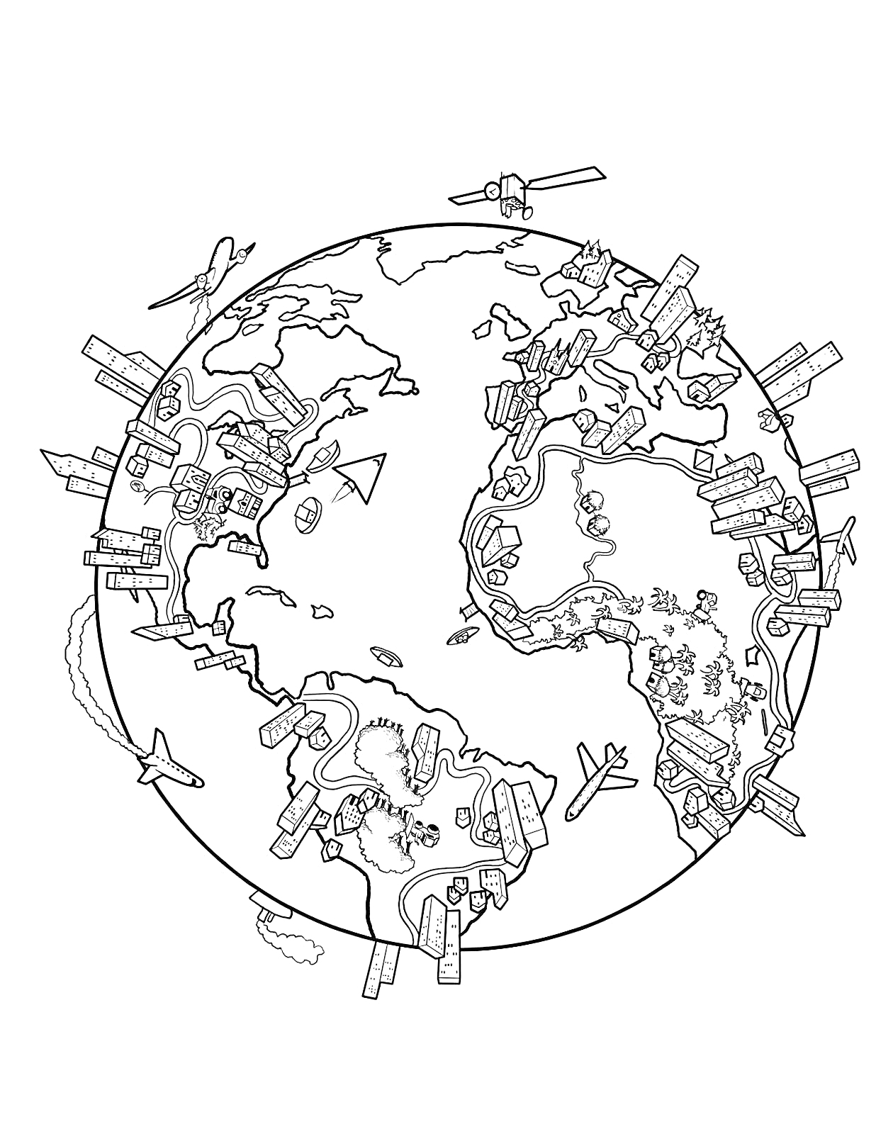 Раскраска Земля с городскими постройками, самолетами и спутниками вокруг планеты