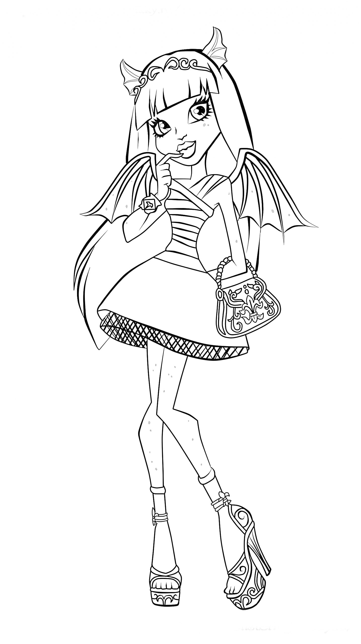 Раскраска Девушка с рогами и крыльями в платье с сумочкой, Monster High