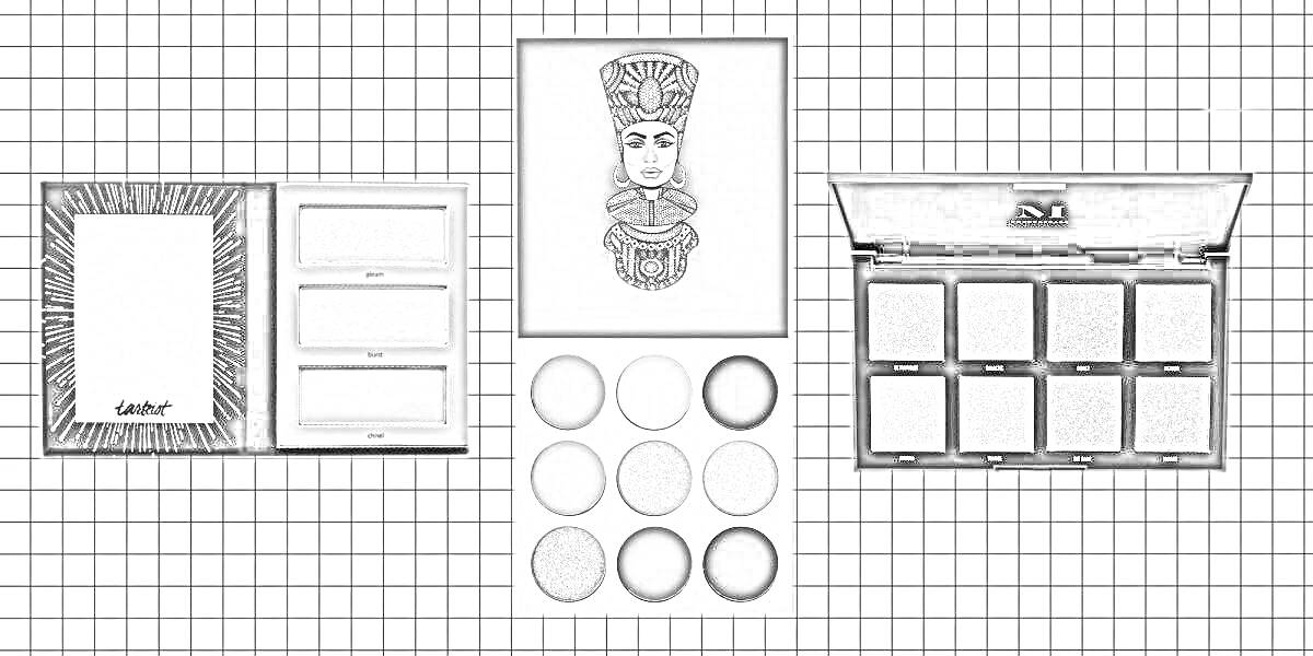 Раскраска Палитры теней для век: слева палитра с зеркалом и тремя оттенками, в центре палитра с девятью круглыми оттенками и ярким дизайном на крышке, справа палитра с шестью перламутровыми оттенками.