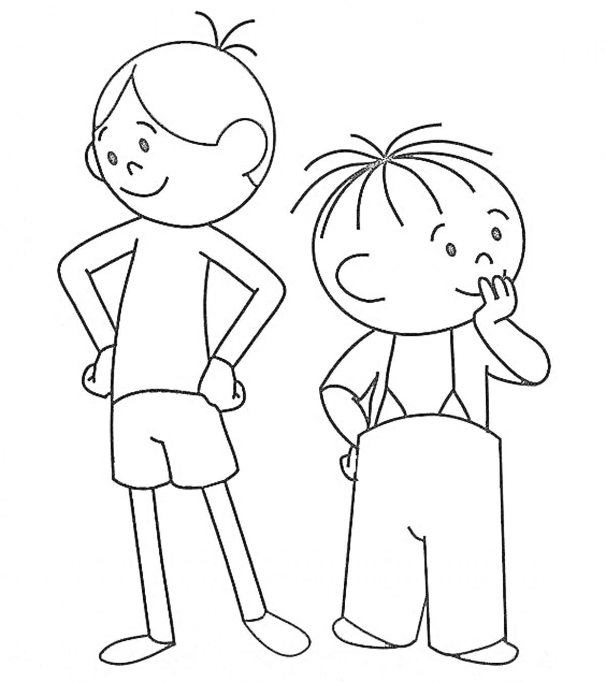Раскраска Лелик и Болик, два персонажа, Лелик в шортах, Болик в штанах с лямками