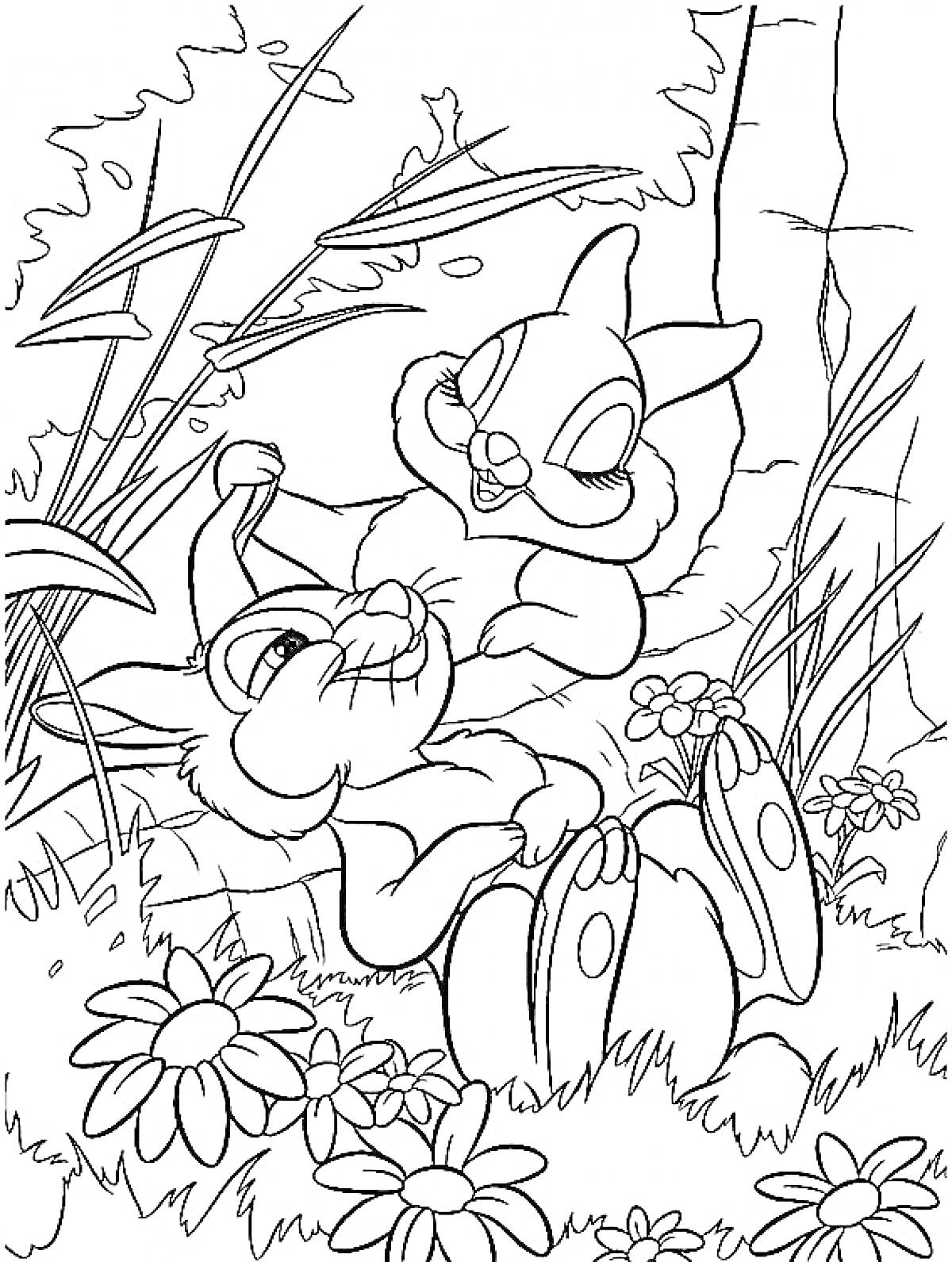 Раскраска Два кролика играют на лугу с цветами, окружённые травой и растениями с каменной стеной на заднем плане