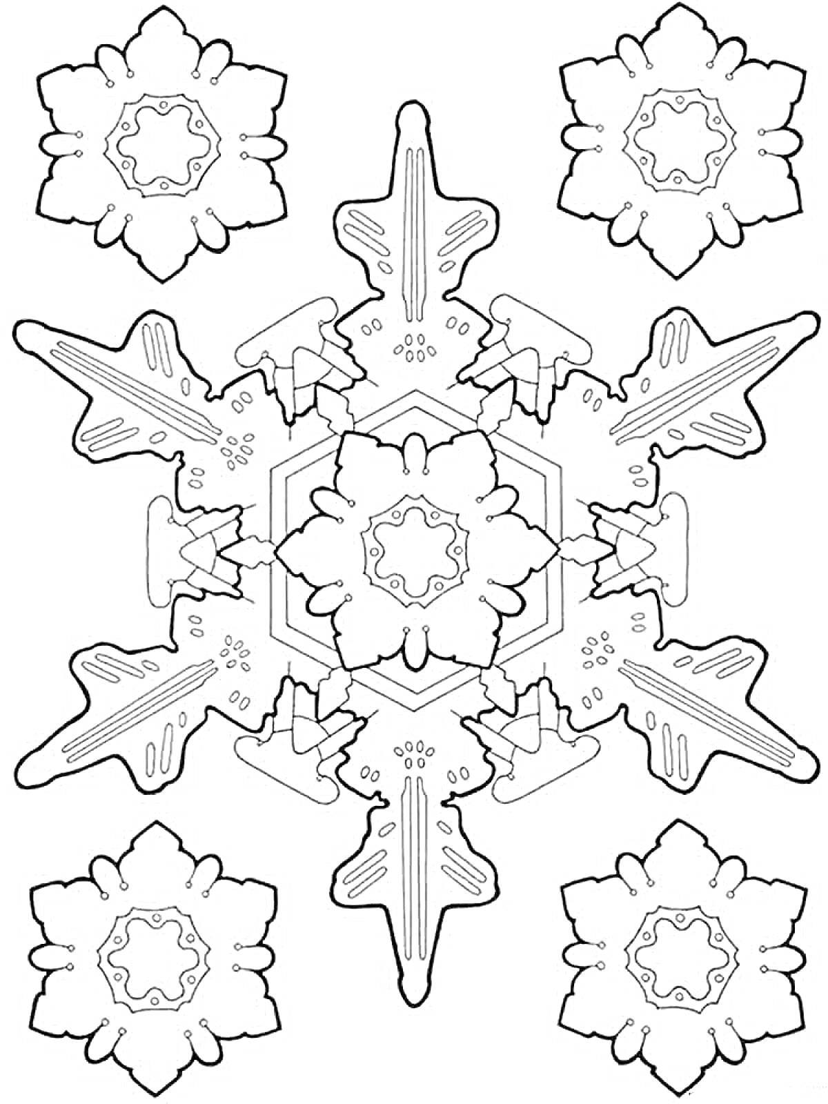 Раскраска Снежинка с шестью крупными лучами и малыми снежинками на концах