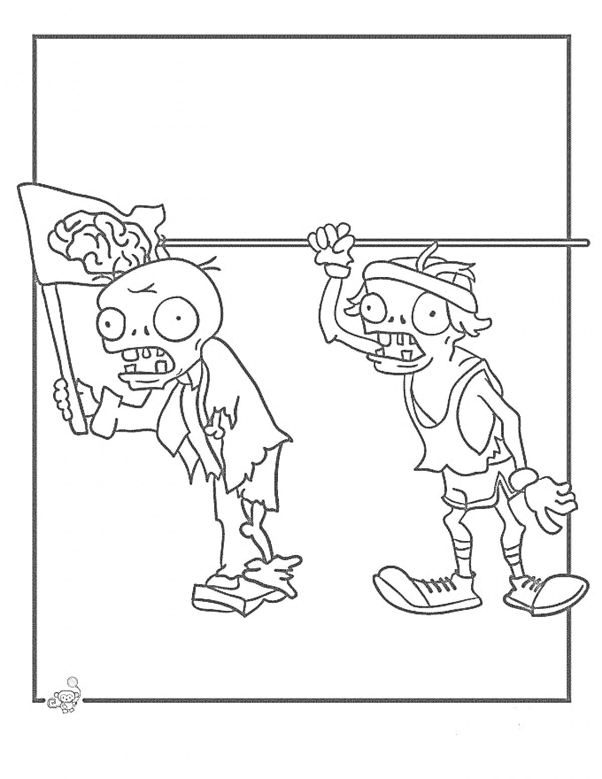 На раскраске изображено: Зомби, Флаг, Мозг, Растения против зомби, Монстр, Контурные рисунки