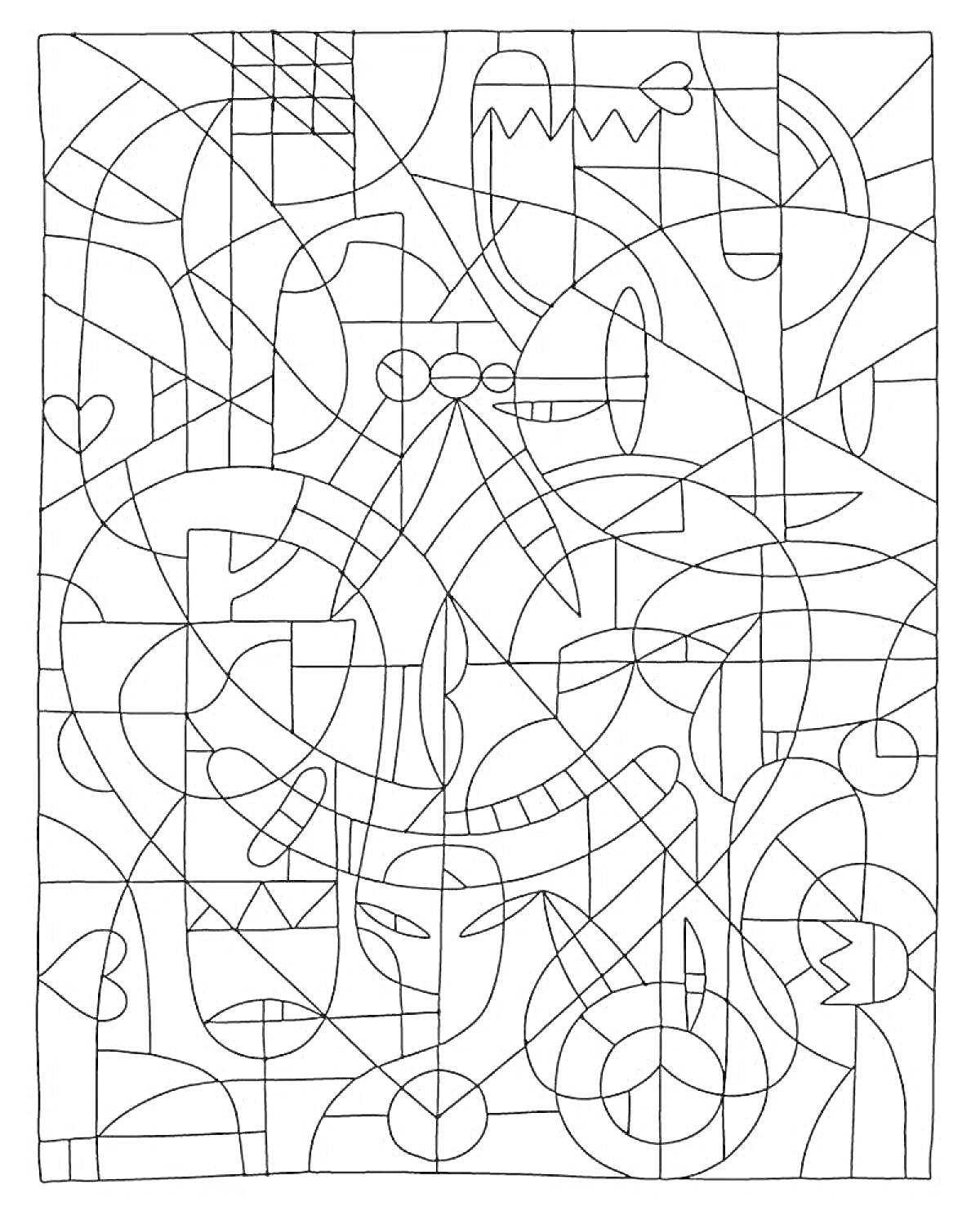 На раскраске изображено: Мозаика, Цифры, Геометрические фигуры, Абстракция, Орнамент