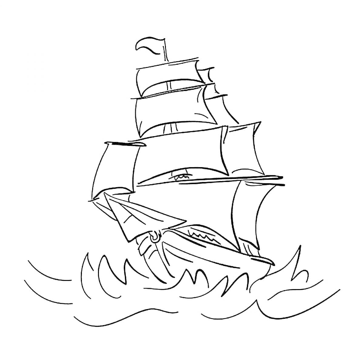 РаскраскаПарусник с флагом на мачте, плывущий по волнам