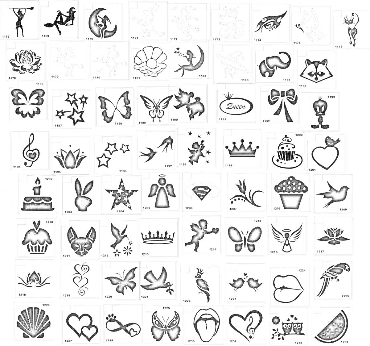 Раскраска мини тату с изображением птиц, бабочек, цветов, животных, звезд, корон, сердец, ангелов, фей, пирожных и декоративных элементов