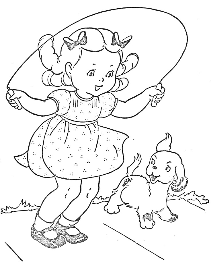 Раскраска Девочка прыгает через скакалку с собакой на траве