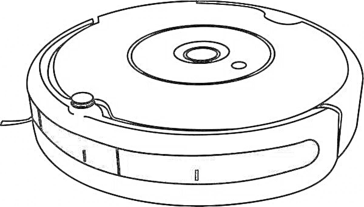 Раскраска Робот-пылесос, округлая форма, центральный элемент, боковые кнопки и датчики