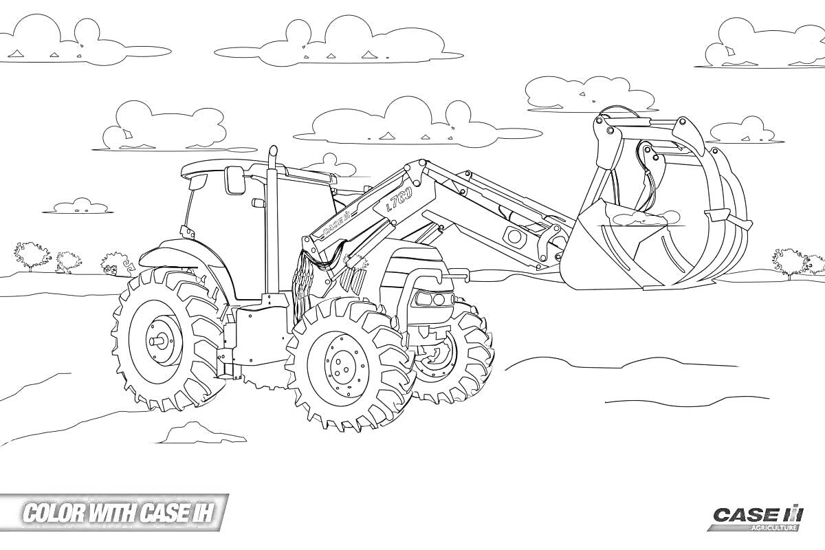 Раскраска Трактор с сеялкой, облака, трава, вставка «Color with Case IH»