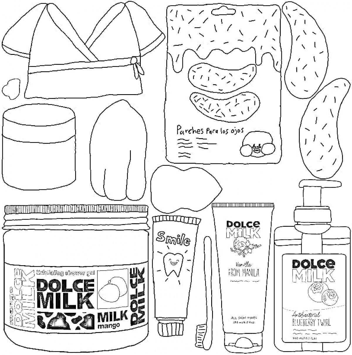 Dolce Milk. Элементы: Пижама, коробка патчей для глаз, две подушки, органическая баночка, бальзам для губ, зубная щетка, паста, тюбик крема для лица, флакон с мылом.