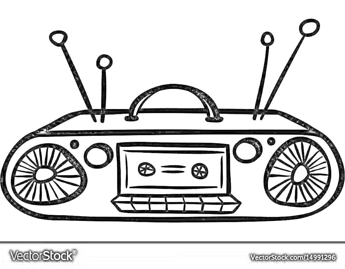 Магнитофон с динамиками, антеннами и кассетной декой