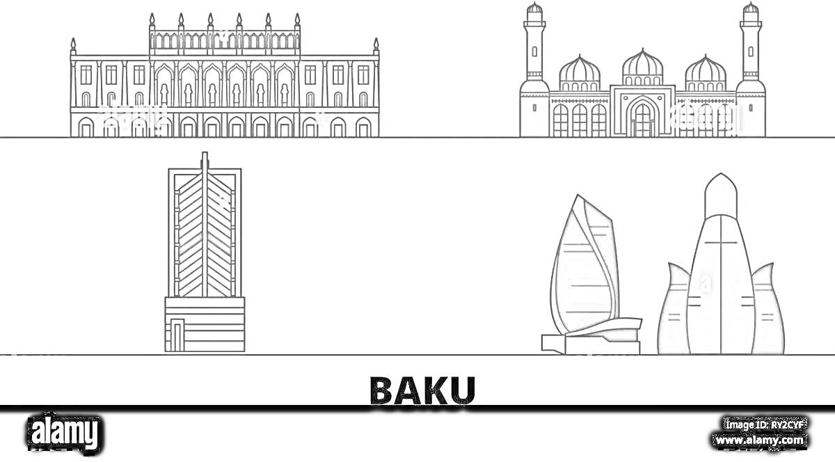 На раскраске изображено: Архитектура, Здания, Столица, Азербайджан, Исторические здания, Современные здания, Мечеть, Достопримечательности