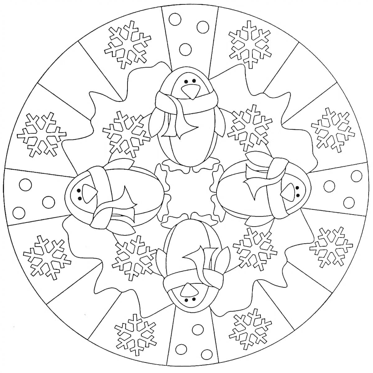 На раскраске изображено: Пингвины, Снежинки, Круглый узор, Зима, Зимние узоры