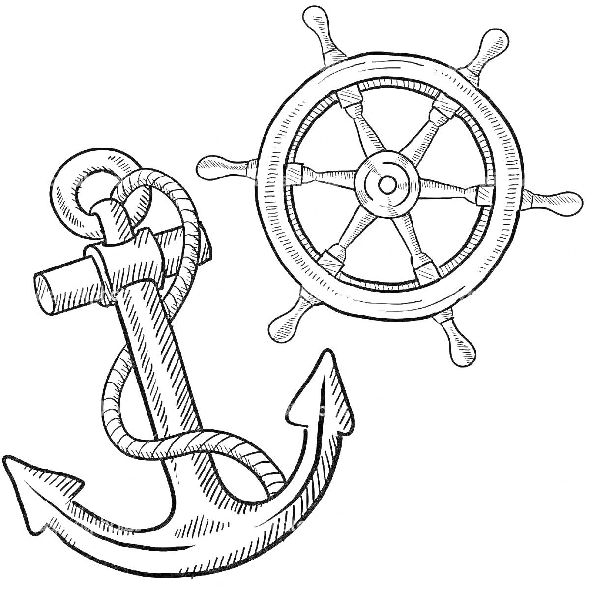 На раскраске изображено: Штурвал, Веревка, Корабль, Мореплавание, Контурные рисунки