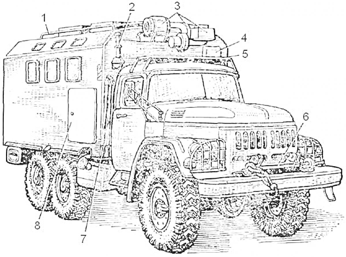 Раскраска ЗИЛ 131 с техническим оборудованием, включающим грузовой кузов с окнами, боковую дверь, передние фары, передний бампер, верхний багажник с дополнительным оборудованием, антенну, выдвижные подножки