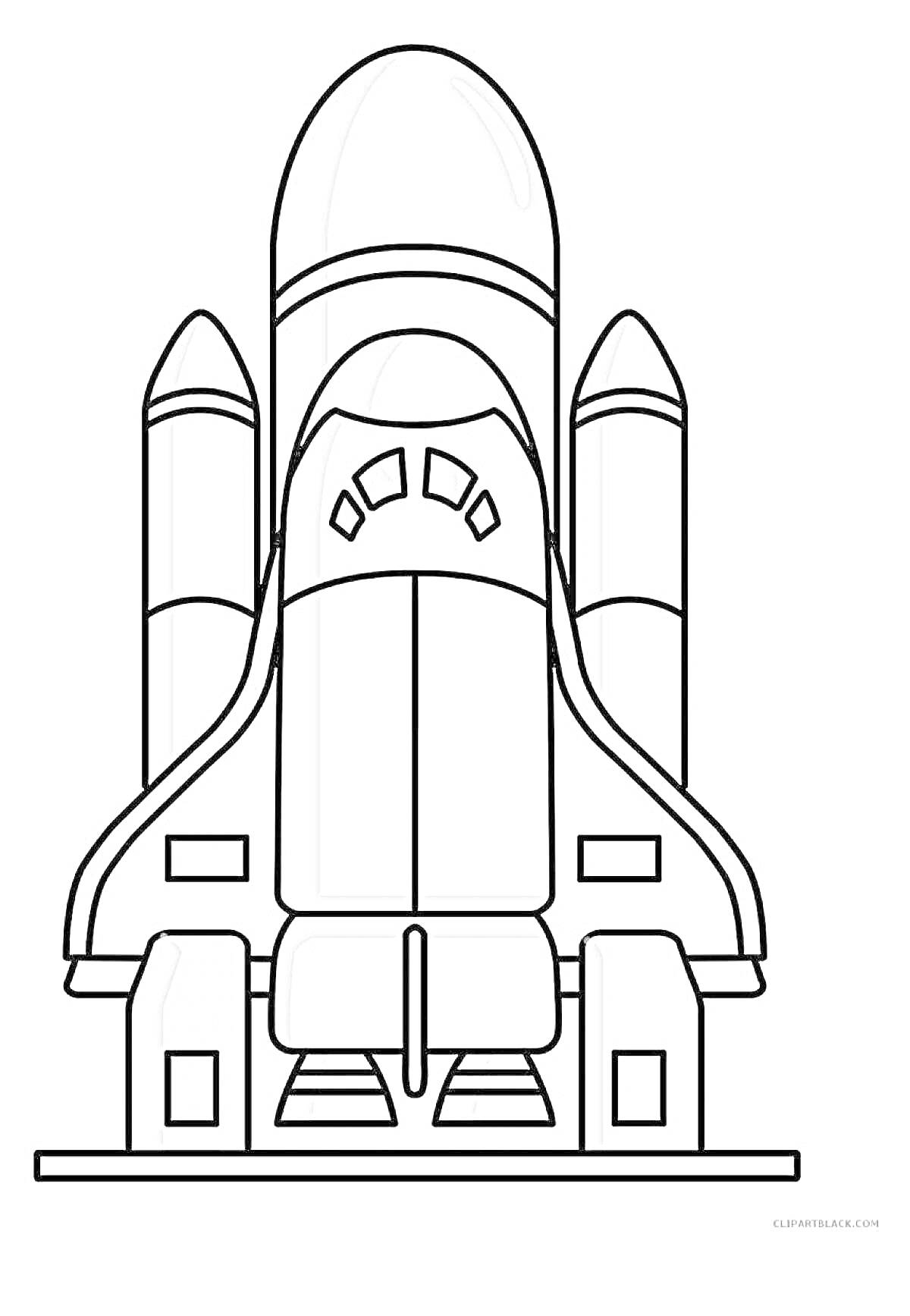 На раскраске изображено: Космос, Шаттл, Ракета, Двигатели, Космонавтика, Площадка, Старт, Взлет, Космический корабль
