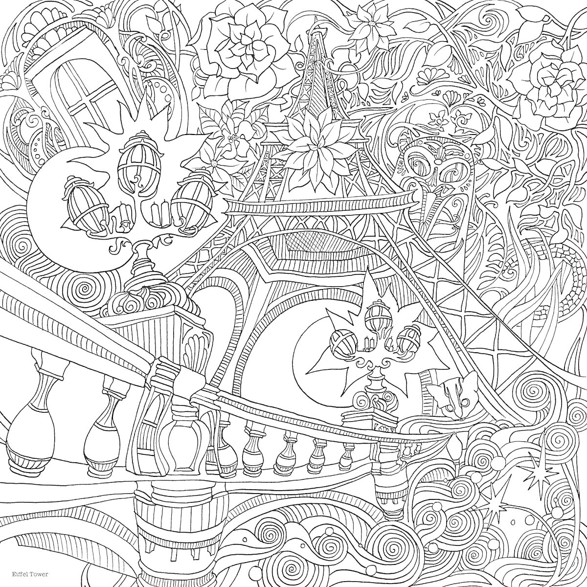 Раскраска Эйфелева башня и цветы на балконе с винтажными фонарями